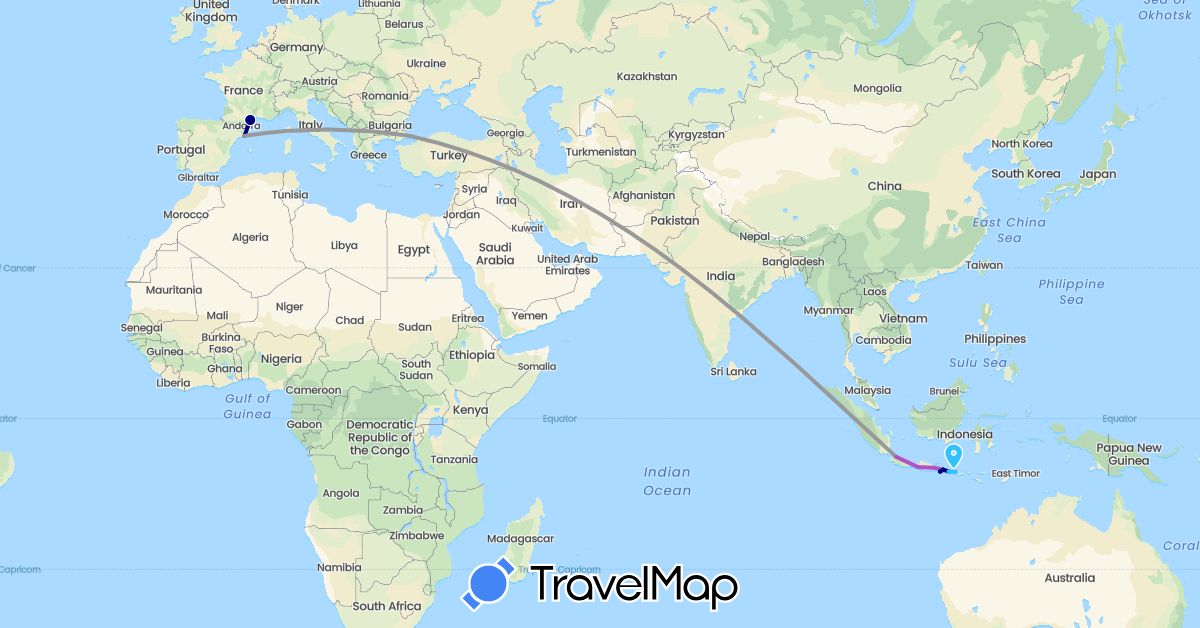TravelMap itinerary: driving, plane, train, boat in Spain, France, Indonesia, Turkey (Asia, Europe)